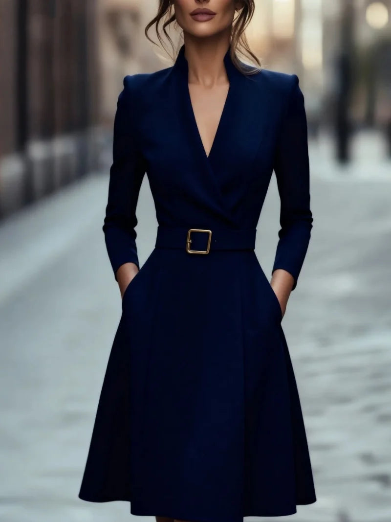 Vestido Midi com Cinto, Manga Comprida e Decote em V