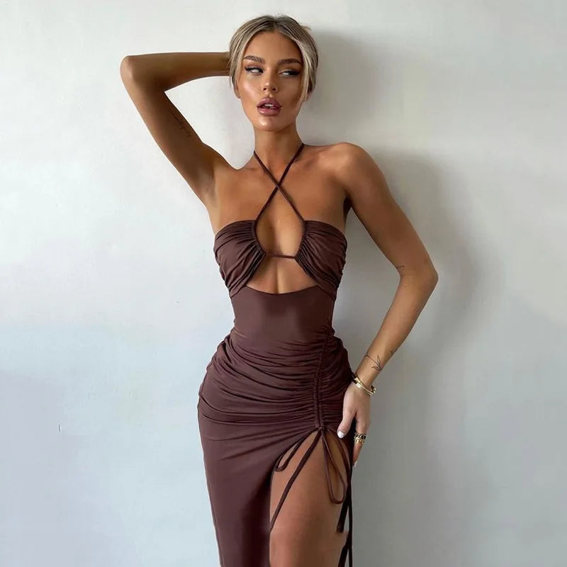 Vestido Midi Feminino Sexy Sem Mangas e Com Costas Nuas