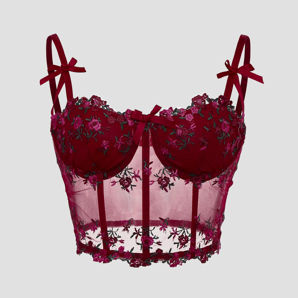 Corset Feminino Sexy de Renda com Estrutura de Barbatanas e Bojo