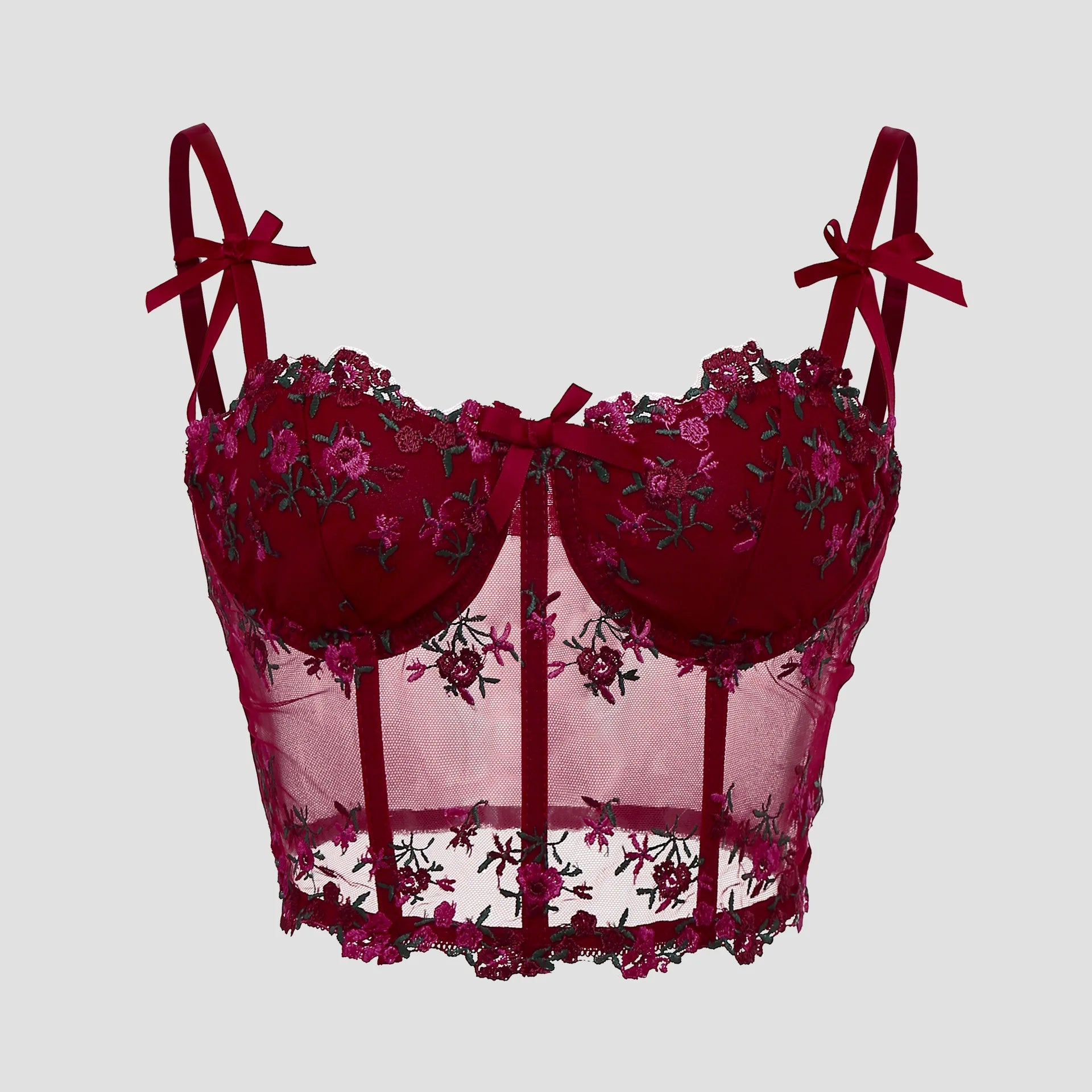Corset Feminino Sexy de Renda com Estrutura de Barbatanas e Bojo