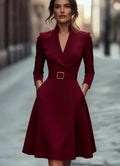 Vestido Midi com Cinto, Manga Comprida e Decote em V