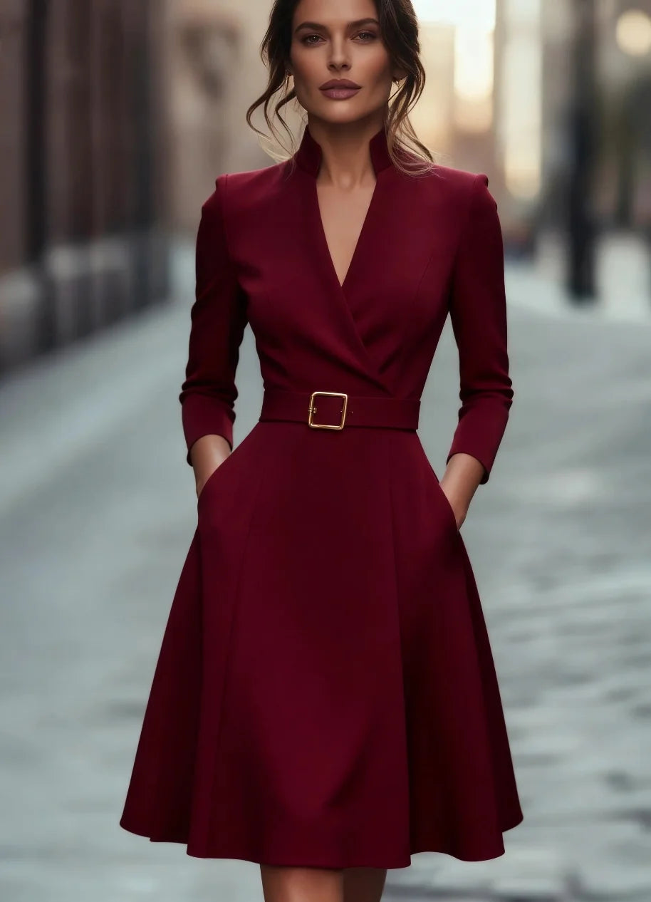 Vestido Midi com Cinto, Manga Comprida e Decote em V