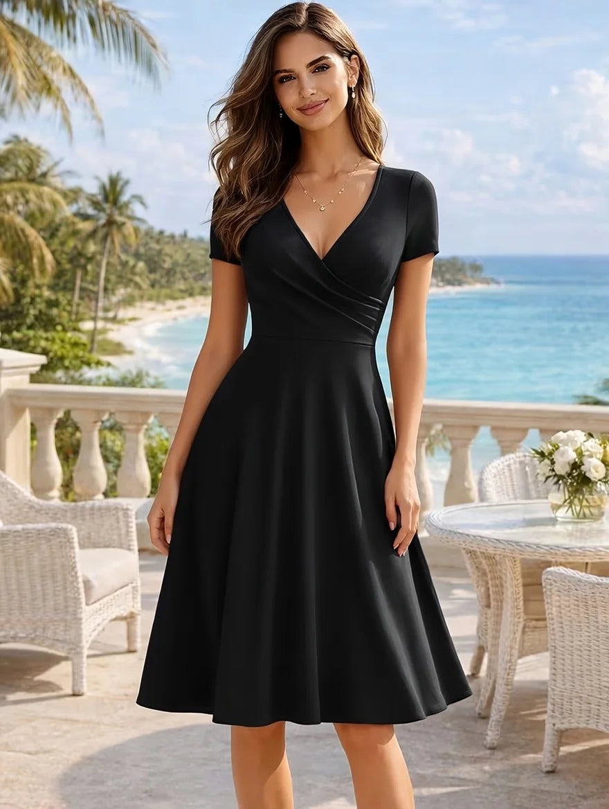 Vestido Midi Elegante com Manga Curta e Cintura Alta
