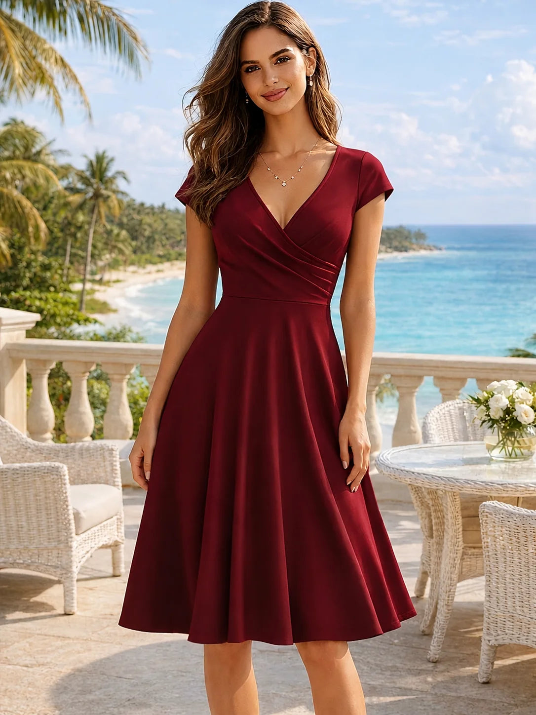 Vestido Midi Elegante com Manga Curta e Cintura Alta