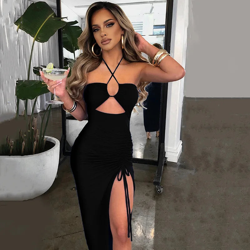 Vestido Midi Feminino Sexy Sem Mangas e Com Costas Nuas