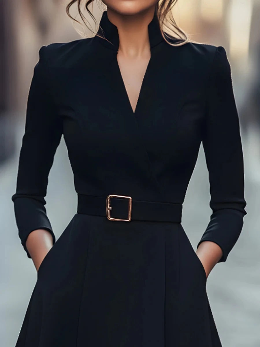 Vestido Midi com Cinto, Manga Comprida e Decote em V