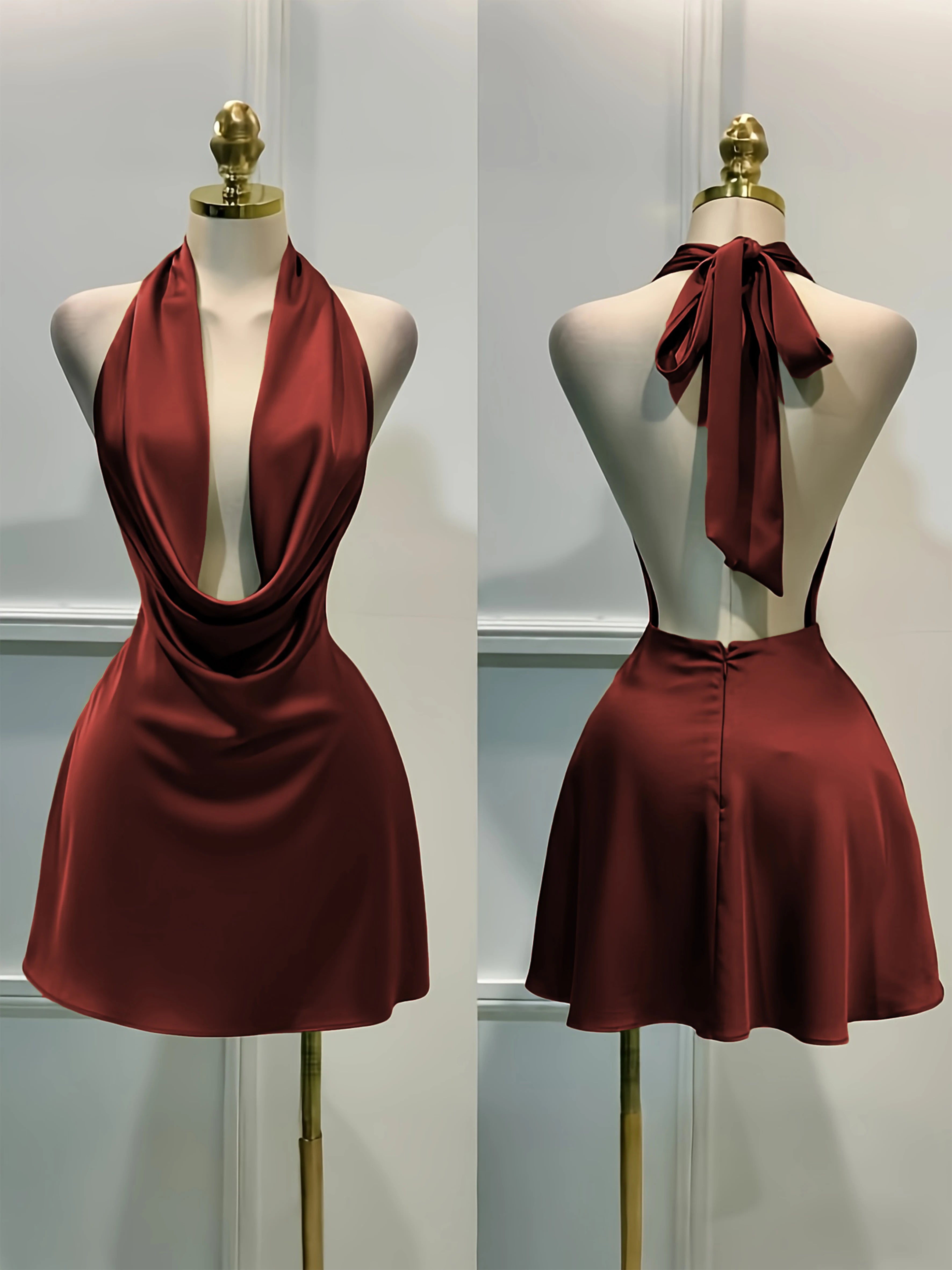 Vestido Midi de Cetim com abertura nas Costas e Decote Aberto