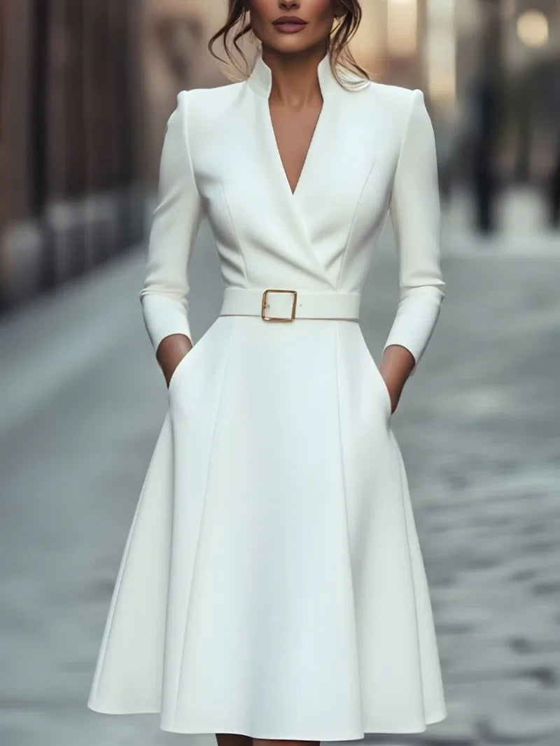 Vestido Midi com Cinto, Manga Comprida e Decote em V