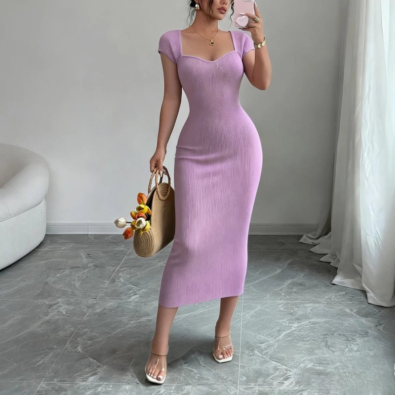 Vestido midi justo em malha canelada elástica - Belle Lily