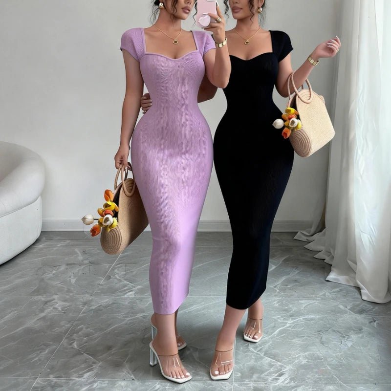 Vestido midi justo em malha canelada elástica - Belle Lily