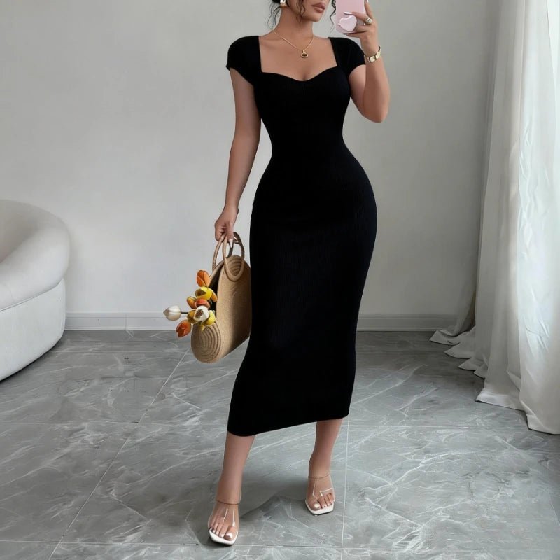 Vestido midi justo em malha canelada elástica - Belle Lily